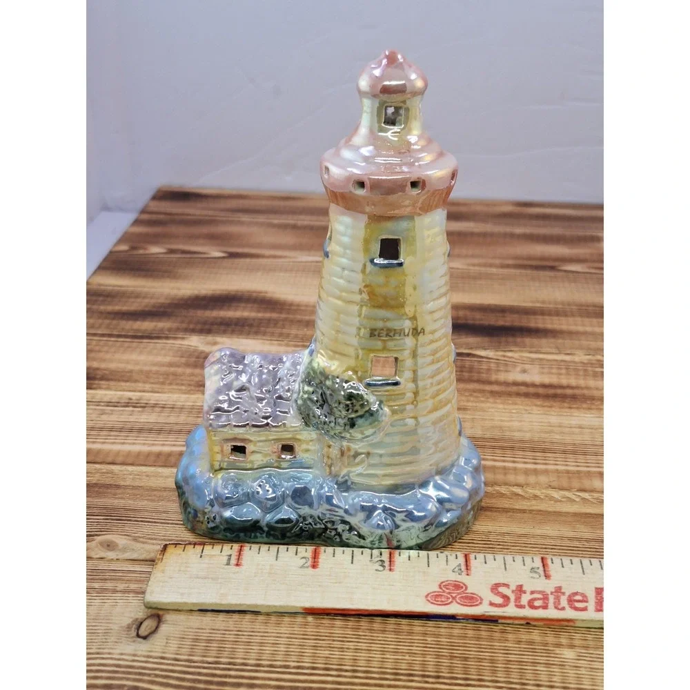 Vintage Iridescent Lighthouse Tea Light Candle Holder Bermuda Shiny Colorful‎ 7